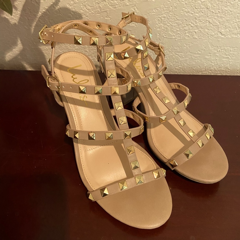 Natural Studded Ankle Strap Heels 7.5